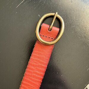 Like New Brown Leather Embroidered Belt with Gold Oval Buckle